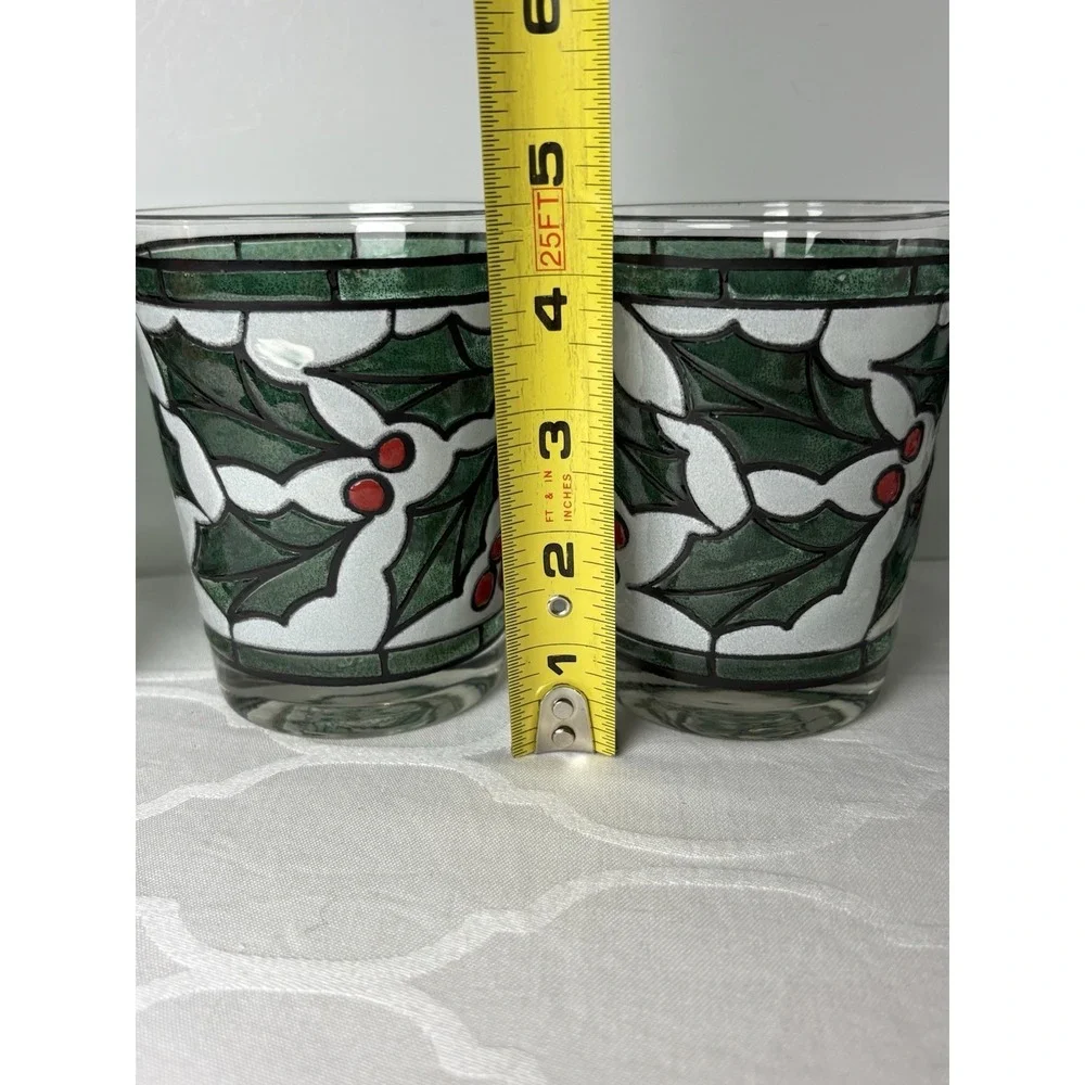 4 West Virginia Snowy Holly Berry Stained Glass On Rocks Christmas Glasses Set